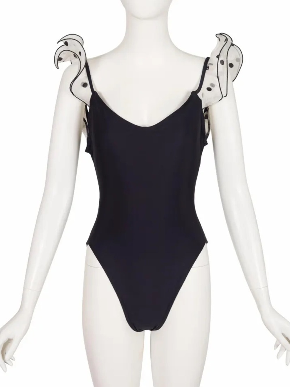 Vintage 80’s Bill Blass Black One Piece Swimsuit w Ploka Dot Ruffle Straps Sz L